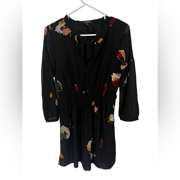 Madewell Black Floral Tie Dress F9892 tie neck - Picture 2 of 6